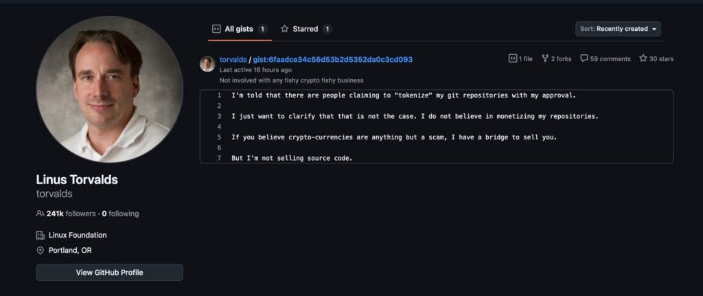 Torvalds, fundador de Linux. Refutando rumores falsos sobre la tokenización: nunca autorizado, el código abierto no debería convertirse en una herramienta exagerada en el círculo monetario